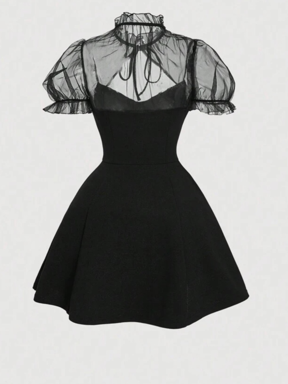 Sheer Neck Black Fit-and-Flare Dress
